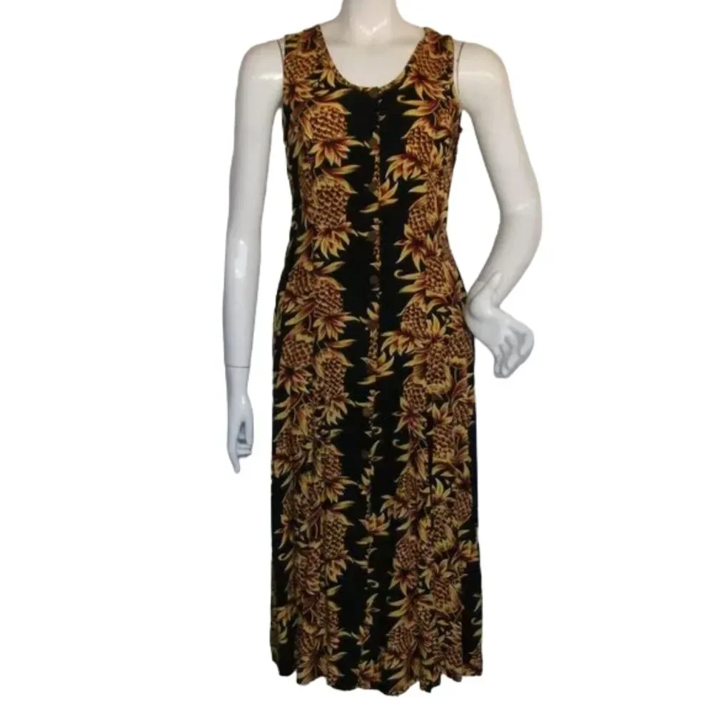 PINEAPPLE MOON Midi Dress, 2, Pineapple print, Sleeveless, Sheath, Black/Yellow - Picture 1 of 13